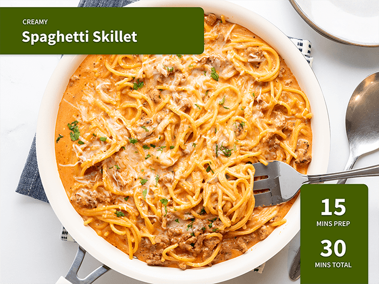Creamy Spaghetti Skillet in a bowl. 15 minutes prep, 30 minutes total.