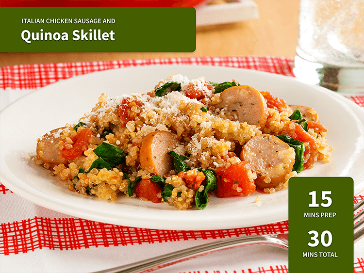 Italian Chicken Sausage and Quinoa Skillet on a plate. 15 minutes prep, 30 minutes total.