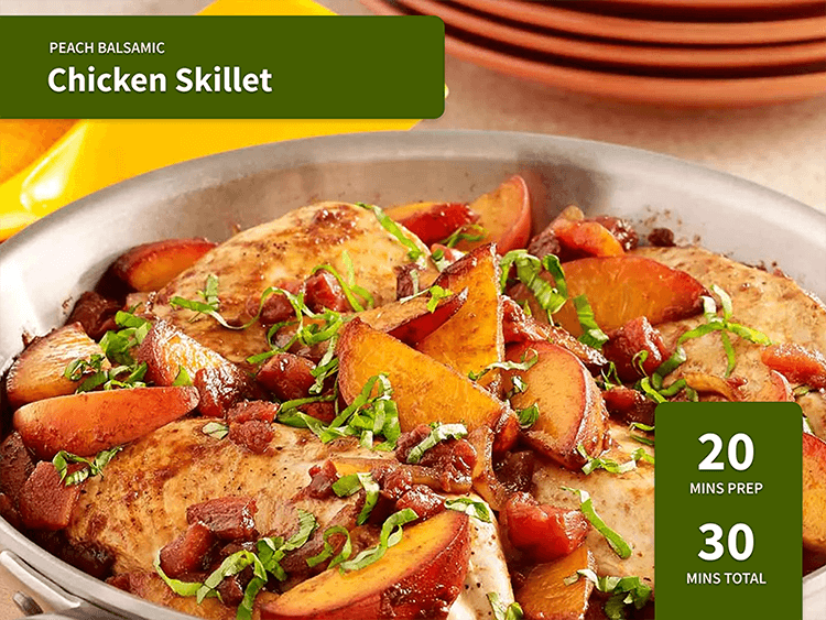 Peach Balsamic Chicken Skillet in a bowl. 20 minutes prep, 30 minutes total.