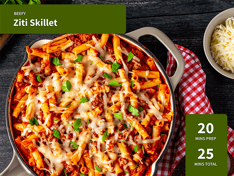 Beefy Ziti Skillet. 20 minutes prep, 25 minutes total.