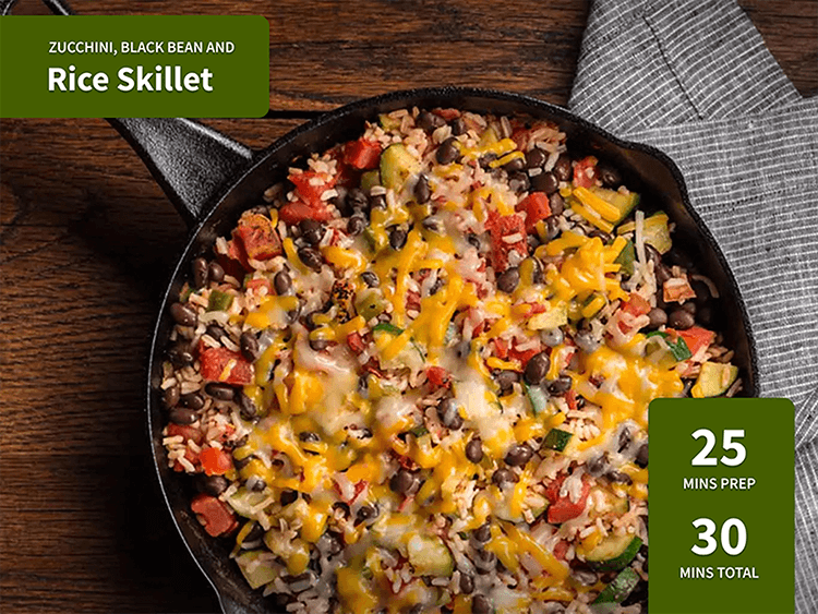 Zucchini, Black bean and Rice Skillet. 25 minutes prep, 30 minutes total