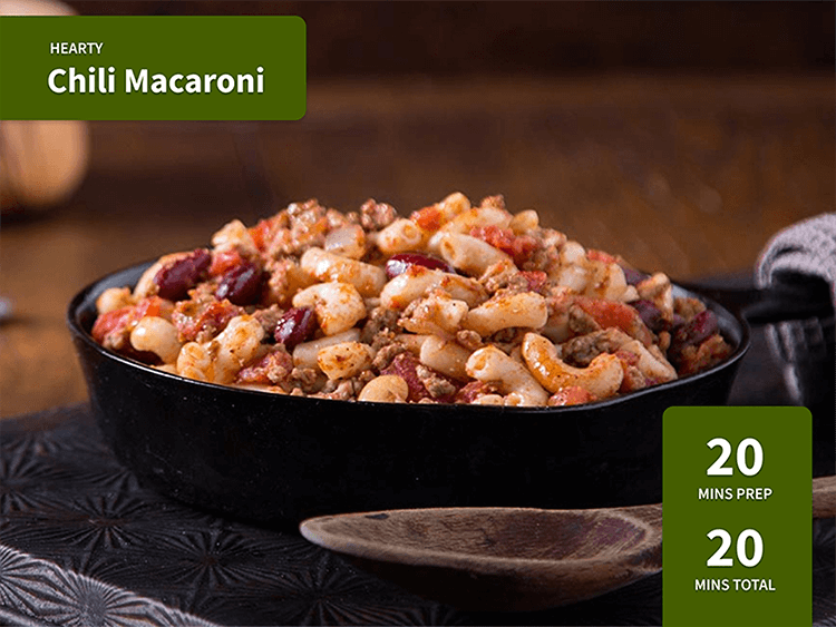 Hearty Chili Macaroni in a skillet. 20 minutes prep, 20 minutes total.