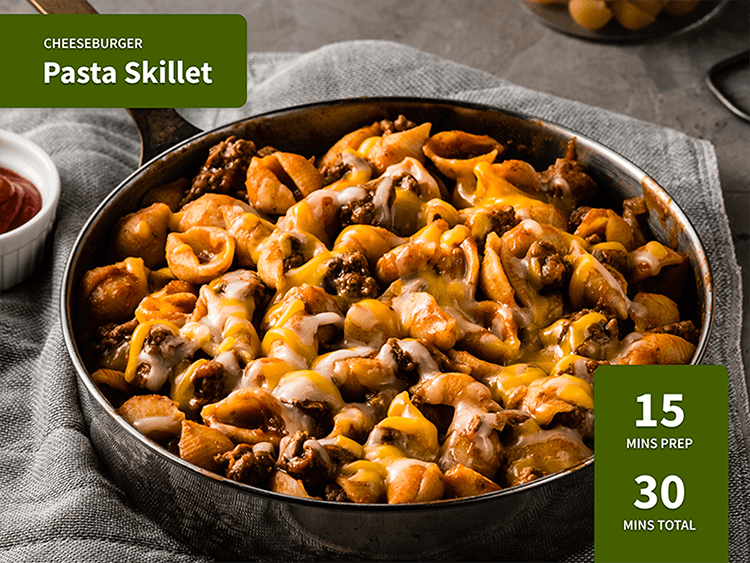 Cheeseburger Pasta Skillet in a pan. 15 minutes prep, 30 minutes total