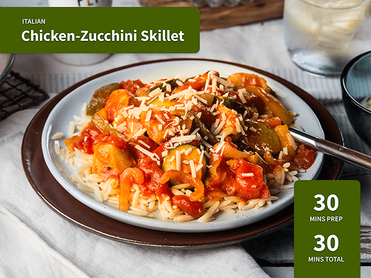 Italian Chicken-Zucchini Skillet on a plate. 30 minutes prep, 30 minutes total.