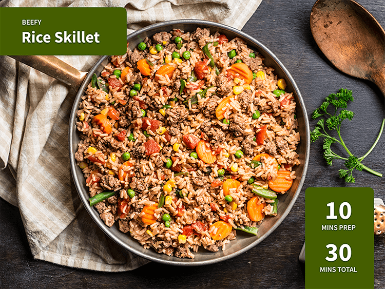 Beefy Rice Skillet in a pan. 10 minutes prep, 30 minutes total.